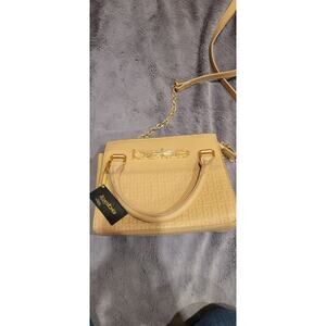 Bebe Beige Embossed Logo Satchel Handbag Gold Hardware Crossbody Purse